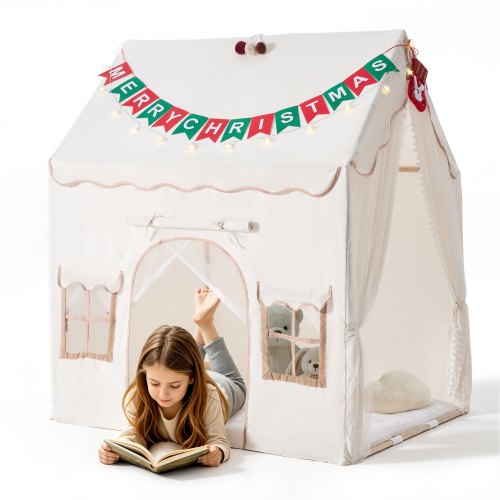 VEVOR Kids Play Tent 2 in 1 Wood Frame Toddler Tent with Padded Mat Beige, for Girls Boys Birthday Play, Indoor & Outdoor Playhouse, Cozy Reading Corner, with Stars Lights, Pompoms, Breathable Window