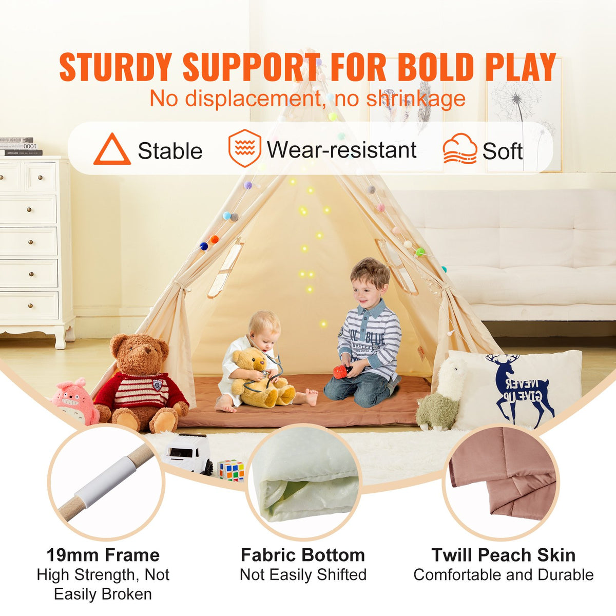 VEVOR Kids Play Tent, Teepee Tent for Kids 1-5 Years Old, Toddler Tent with Mat and Plush Decorative Balls, Tent for Kids with Windows for Indoor and Outdoor, for Boys and Girls, Beige