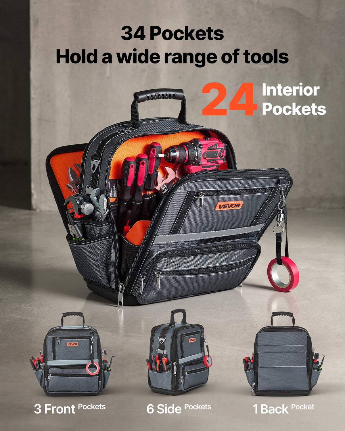 VEVOR Tool Bag, 335 MM, 34-Pocket Portable Large Tool Box Organizer Storage, Carry Toolbox with Hard Plastic Base, Large Zipper, Adjustable Shoulder Strap, for Men Women Dad Husband Fathers Day