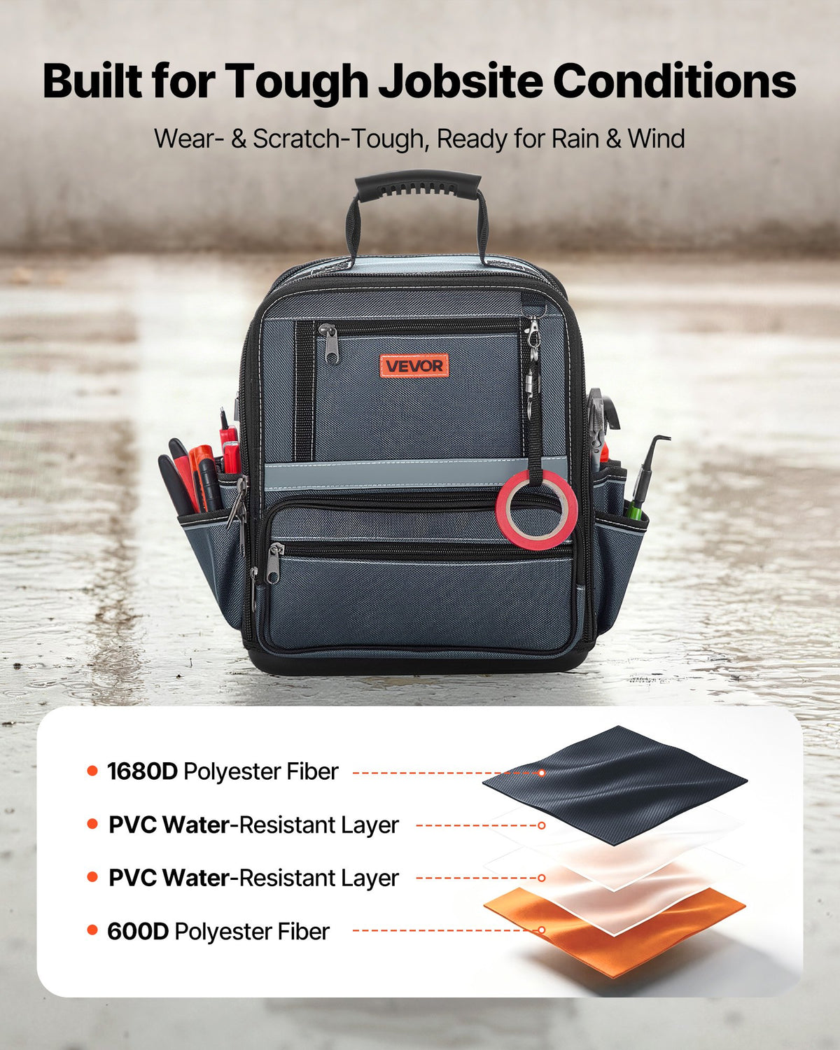 VEVOR Tool Bag, 335 MM, 34-Pocket Portable Large Tool Box Organizer Storage, Carry Toolbox with Hard Plastic Base, Large Zipper, Adjustable Shoulder Strap, for Men Women Dad Husband Fathers Day