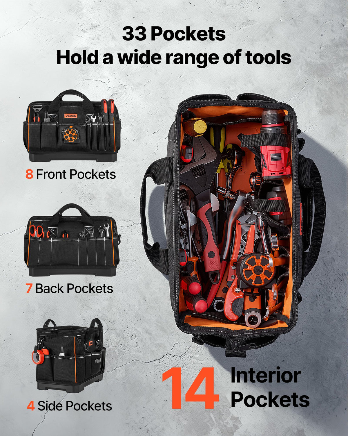 VEVOR Tool Bag, 410 MM, 33-Pocket Portable Large Tool Box Organizer Storage, Toolbox with Water-Resistant Base, Large Zipper, Adjustable Shoulder Strap Toolbag, for Men Women Dad Husband Fathers Day