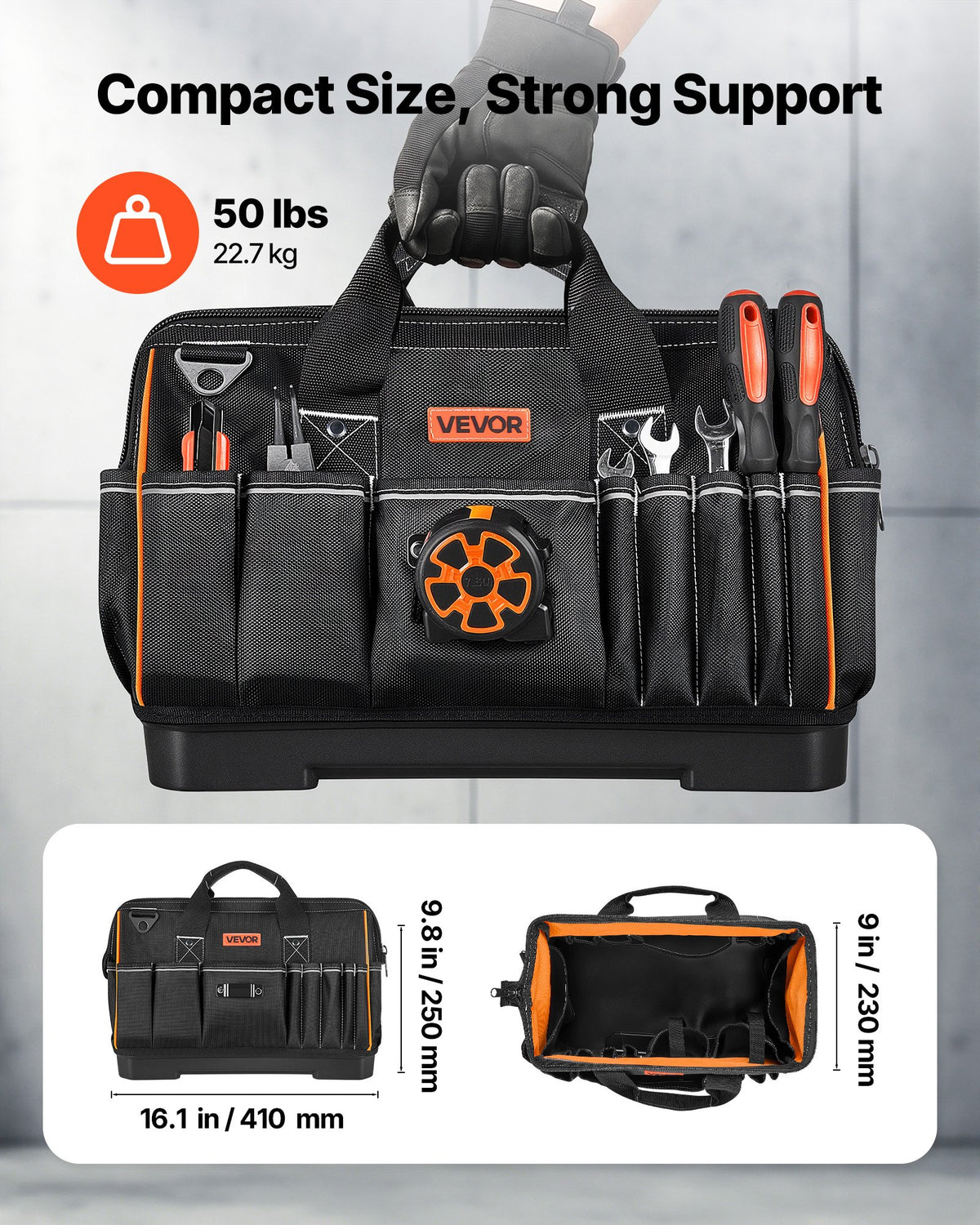 VEVOR Tool Bag, 410 MM, 33-Pocket Portable Large Tool Box Organizer Storage, Toolbox with Water-Resistant Base, Large Zipper, Adjustable Shoulder Strap Toolbag, for Men Women Dad Husband Fathers Day