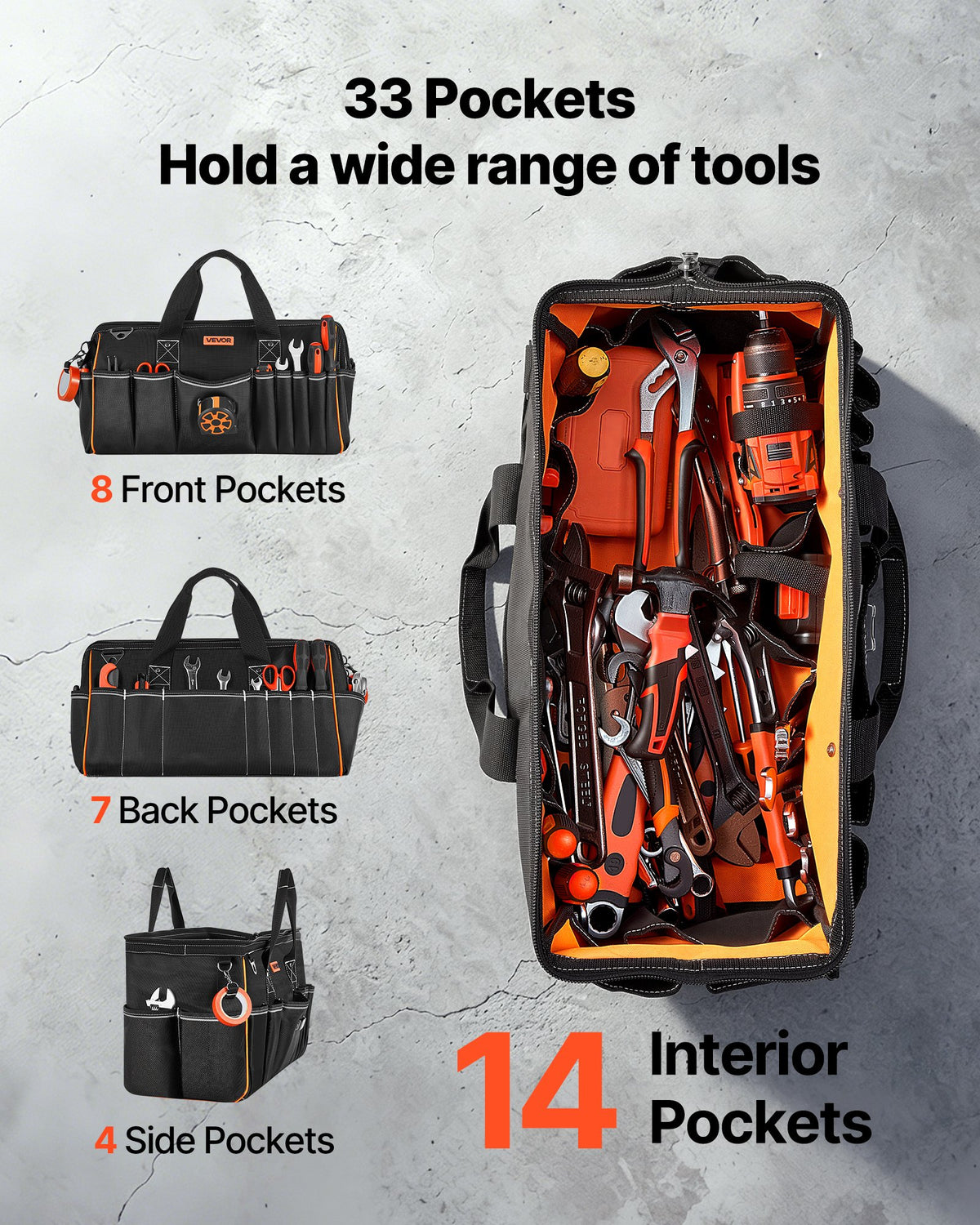 VEVOR Tool Bag, 510 MM, 33-Pocket Portable Large Tool Box Organizer Storage, Toolbox with Big Zipper, Adjustable Shoulder Strap, Water-Resistant Carry Toolbag, for Men Women Dad Husband Fathers Day