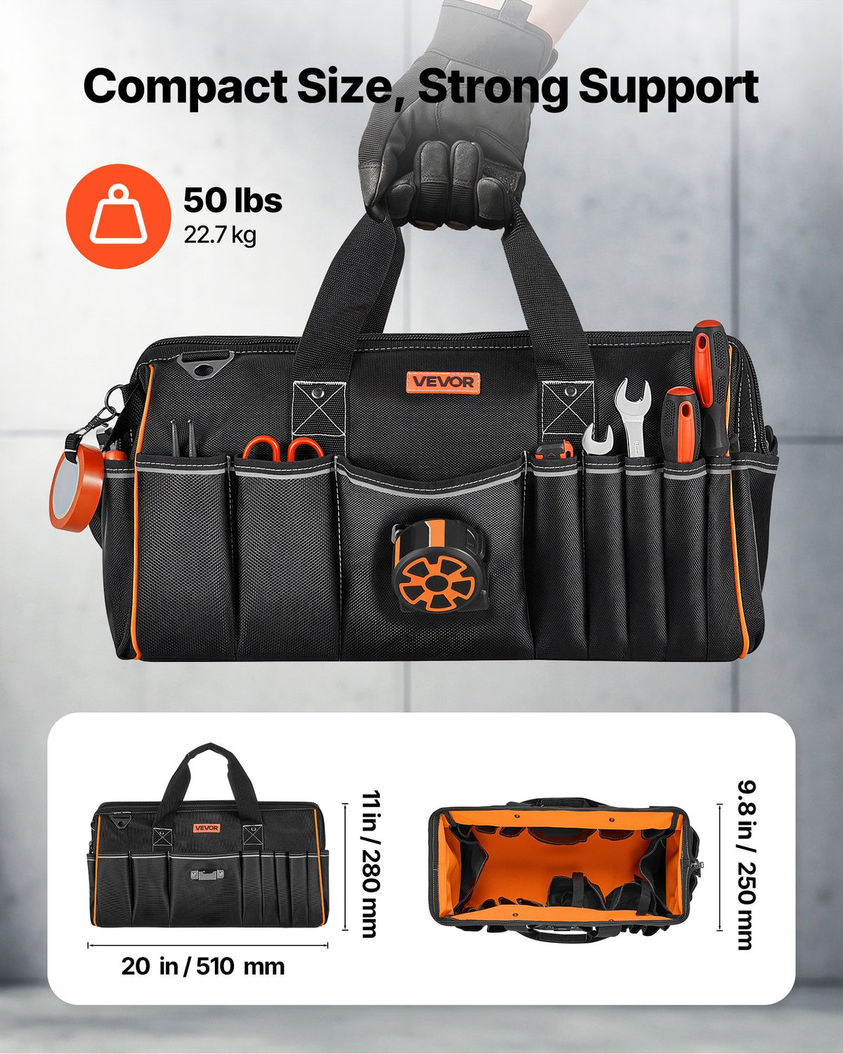 VEVOR Tool Bag, 510 MM, 33-Pocket Portable Large Tool Box Organizer Storage, Toolbox with Big Zipper, Adjustable Shoulder Strap, Water-Resistant Carry Toolbag, for Men Women Dad Husband Fathers Day