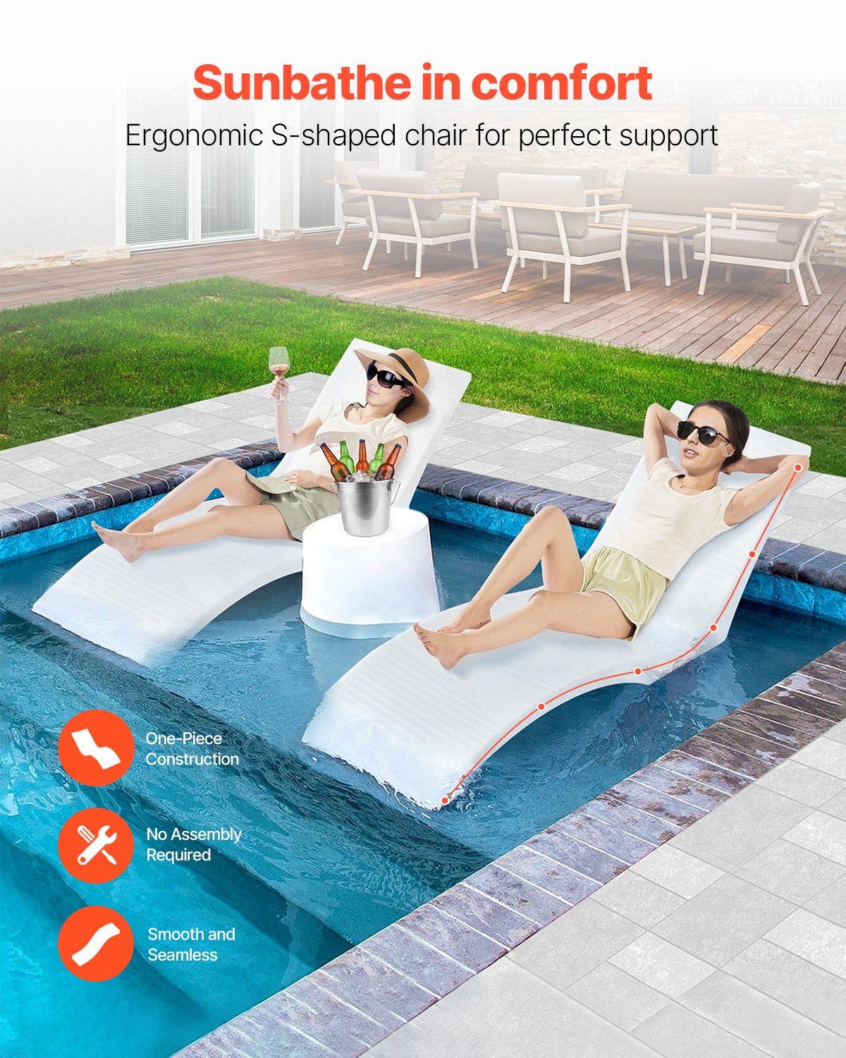 VEVOR In-Pool Lounge Chairs, Set of 2 Chaise Lounger, Inside Pool Lounge Chairs for up to 5" Water Depths, Fixed in Pools & Floating on Water, Suitable for All Pool Types, Poolside & Sun Deck Tanning