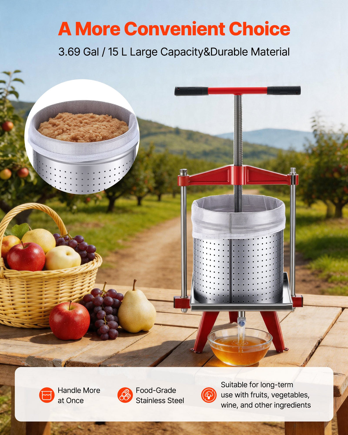 VEVOR Fruit Wine Press, 3.96Gal/15L, Stainless Steel Manual Juice Maker, Heavy Duty T-Shaped Handle & Cross-beam for Cider Apple Grape Vegetable Press, with 2 Filter Bags, for Kitchen Home Brewing