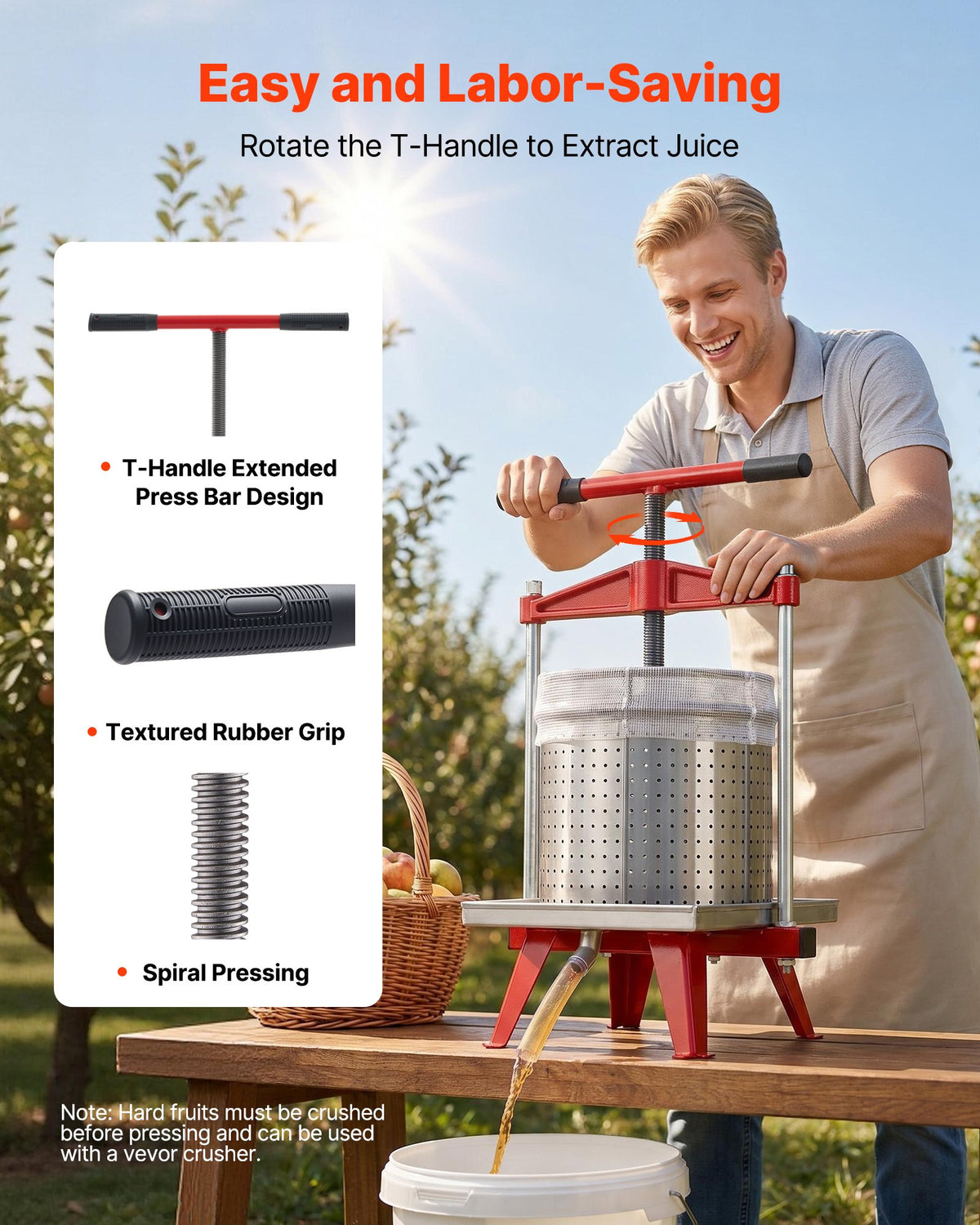 VEVOR Fruit Wine Press, 3.96Gal/15L, Stainless Steel Manual Juice Maker, Heavy Duty T-Shaped Handle & Cross-beam for Cider Apple Grape Vegetable Press, with 2 Filter Bags, for Kitchen Home Brewing
