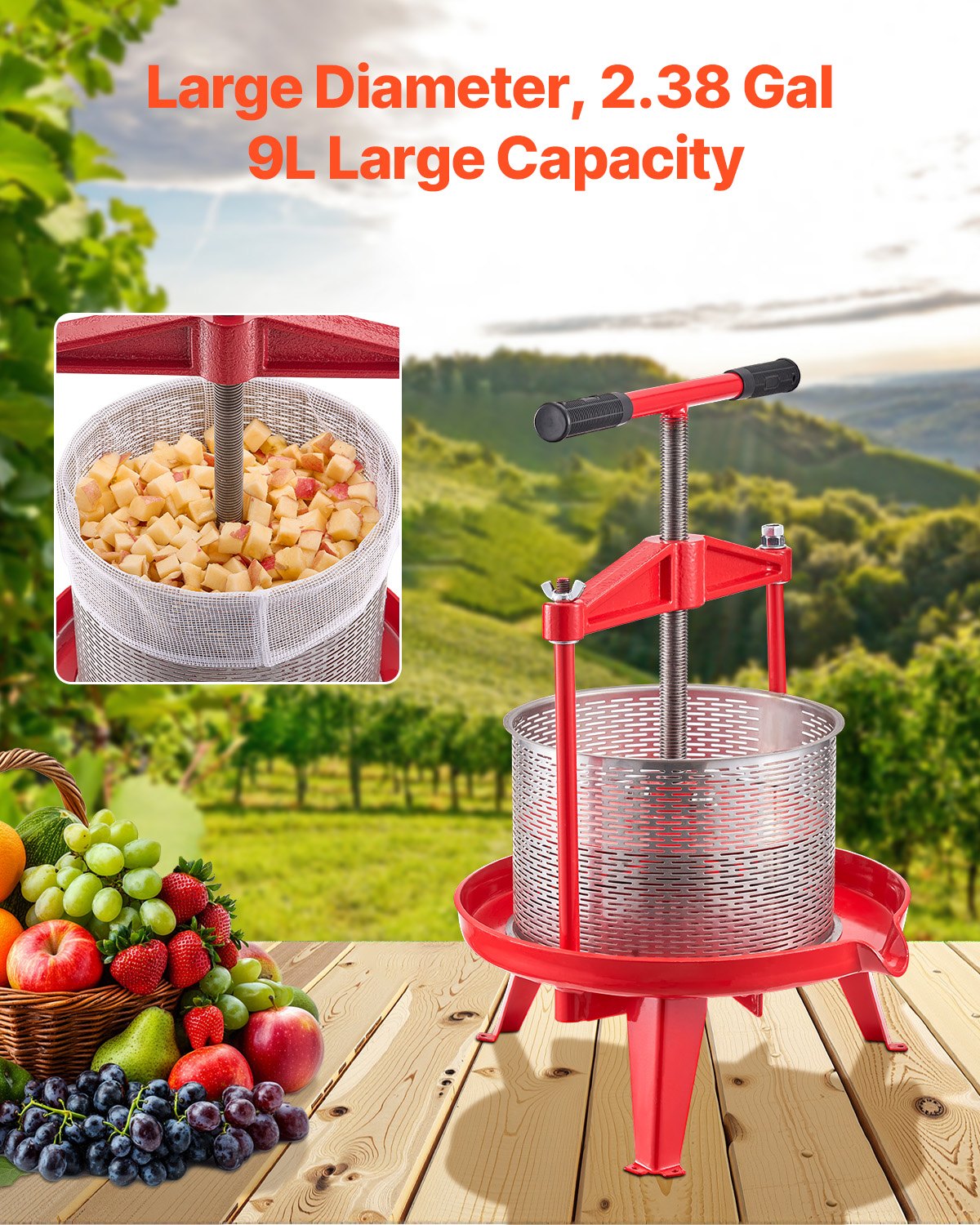 VEVOR 2.38 Gal/9L Fruit Wine Press, Stainless Steel Basket with Cross-beam and Triangular Structure, Manual Juice Maker, Cider Apple Grape Tincture Making Press with T-Handle for Kitchen Home