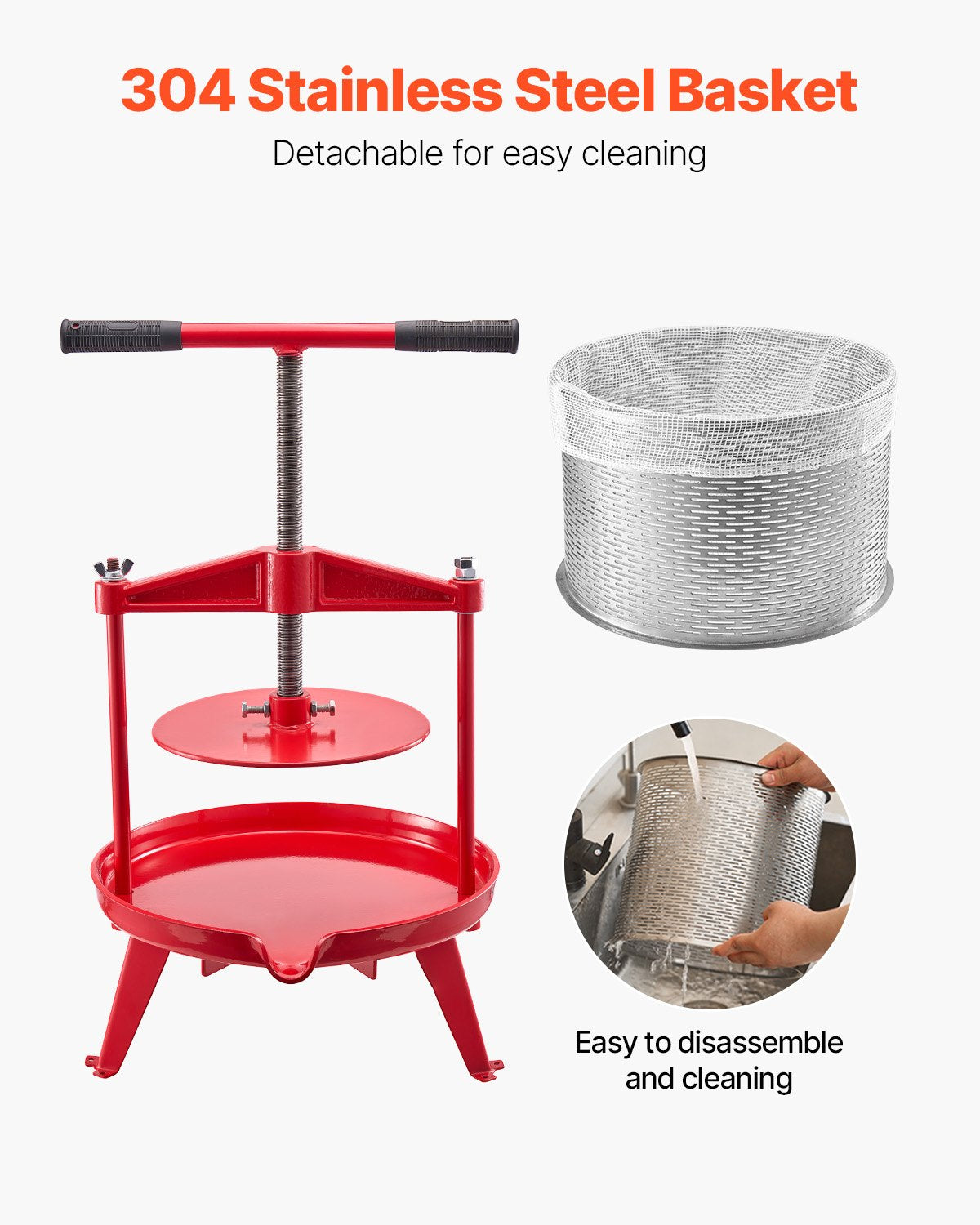 VEVOR 2.38 Gal/9L Fruit Wine Press, Stainless Steel Basket with Cross-beam and Triangular Structure, Manual Juice Maker, Cider Apple Grape Tincture Making Press with T-Handle for Kitchen Home
