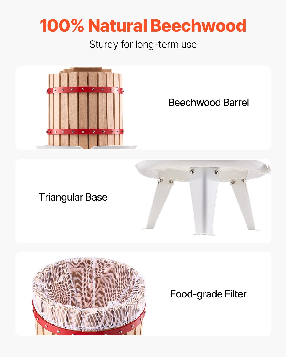 VEVOR 3.2 Gal/12L Fruit Wine Press, Solid Wood Basket with 8 Blocks, Heavy Duty Manual Juice Maker, Cider Apple Grape Tincture Honey Olive Oil Making Press with Handle for Kitchen, Home