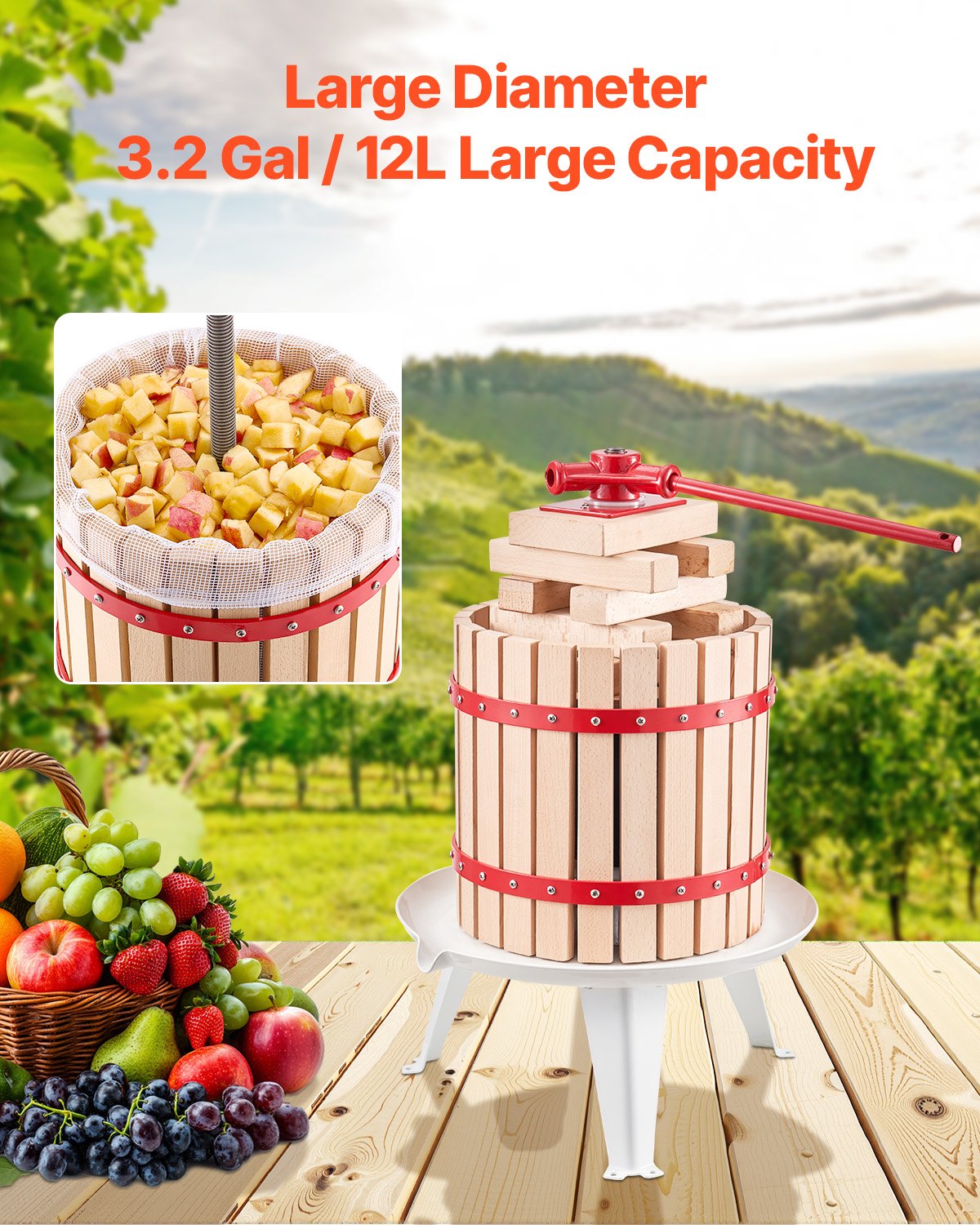VEVOR 3.2 Gal/12L Fruit Wine Press, Solid Wood Basket with 8 Blocks, Heavy Duty Manual Juice Maker, Cider Apple Grape Tincture Honey Olive Oil Making Press with Handle for Kitchen, Home