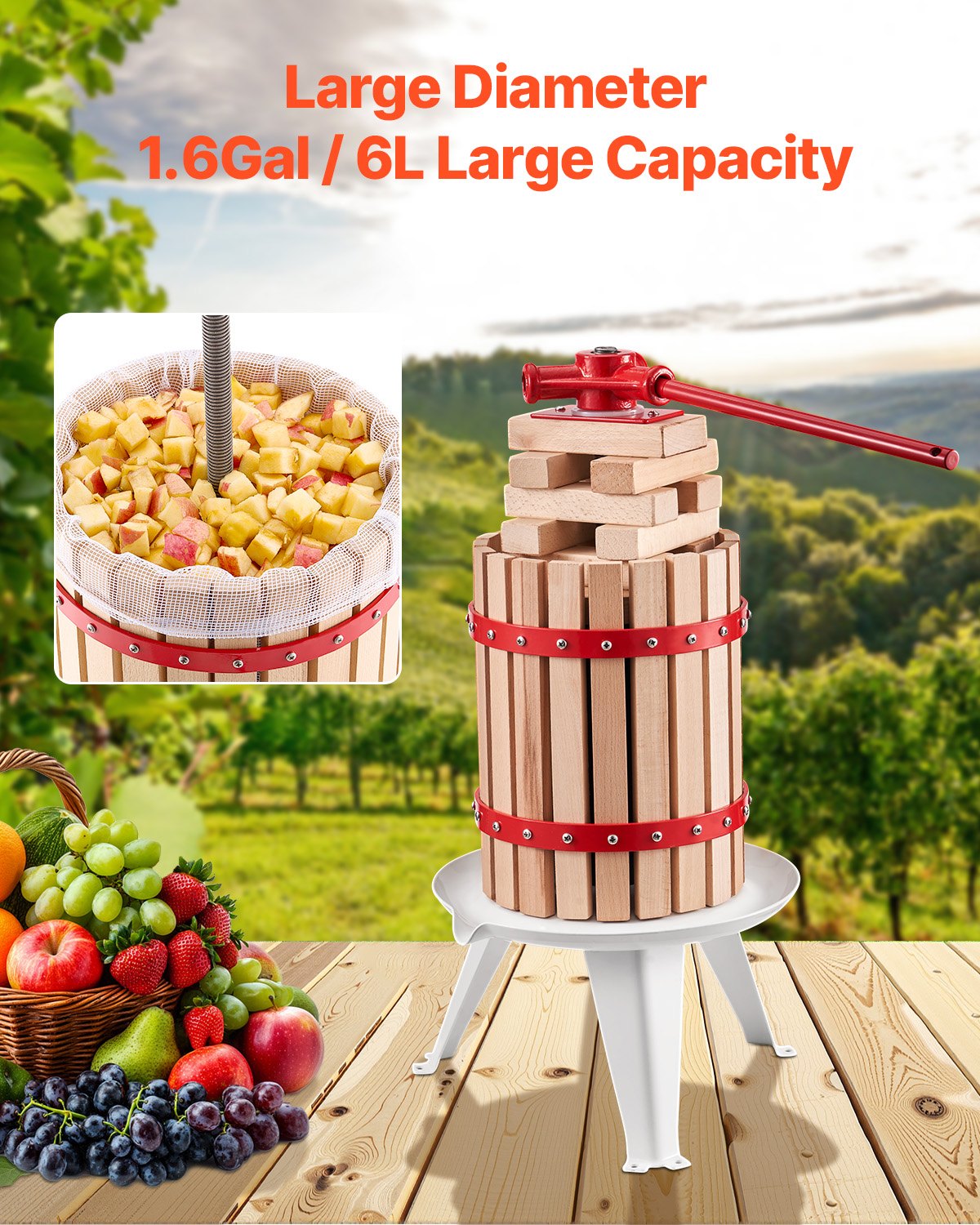 VEVOR 1.6 Gal/6L Fruit Wine Press, Solid Wood Basket with 8 Blocks, Heavy Duty Manual Juice Maker, Cider Apple Grape Tincture Honey Olive Oil Making Press with Handle for Kitchen, Home