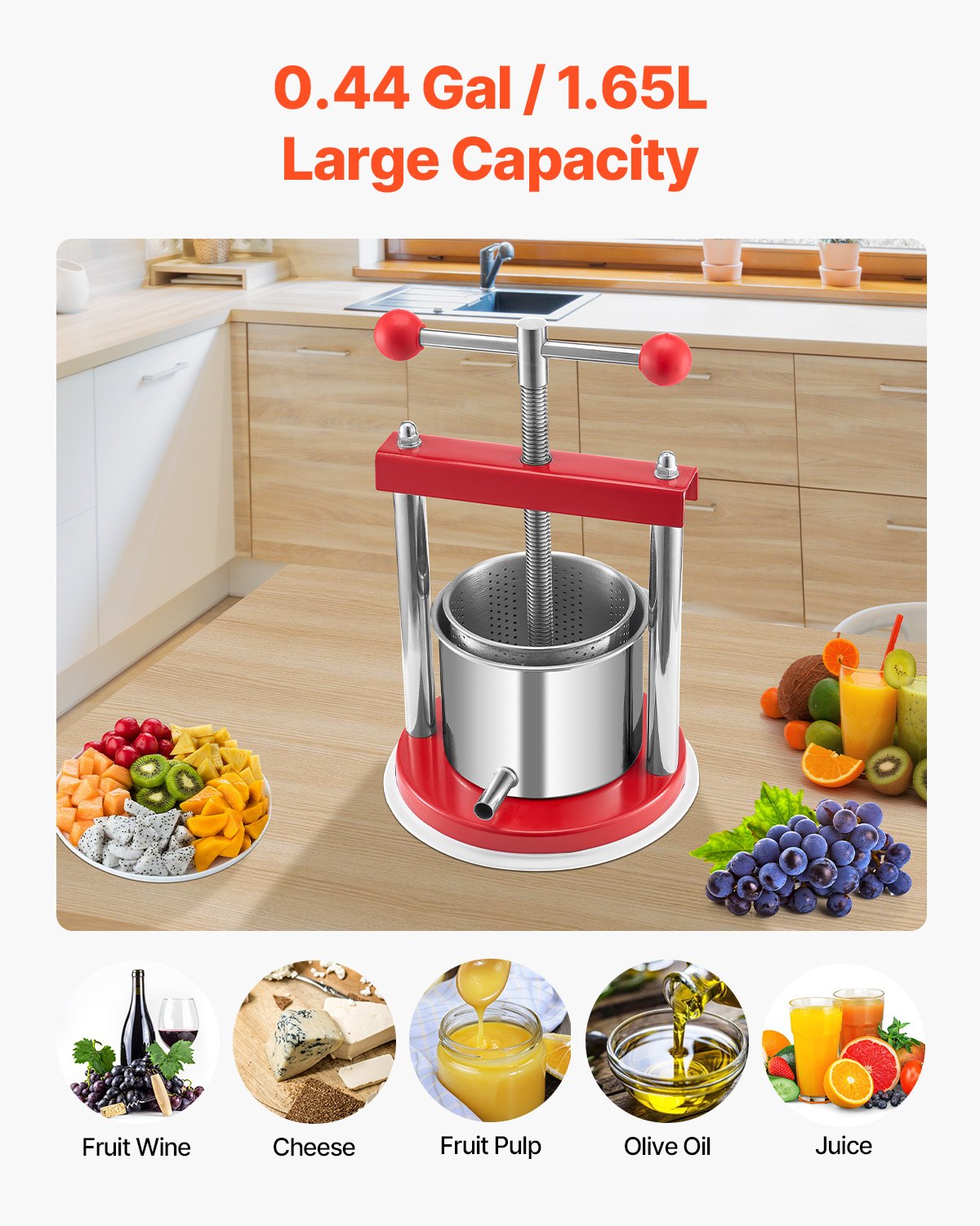 VEVOR 0.44 Gal/1.65L Fruit Wine Press, 2 Stainless Steel Barrels, Manual Juice Maker, Cider Apple Grape Tincture Honey Olive Oil Making Press with T-Handle for Outdoor Kitchen Home