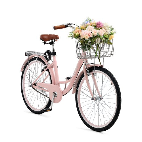 VEVOR Cruiser Bike, 1-Speed, 26-Inch Pink Beach Cruiser Bike with Large Capacity Basket and Rear Rack, Secure & Sturdy Cruiser Bike with Adjustable Seat, Fits for Cycling, Exercise & Shopping