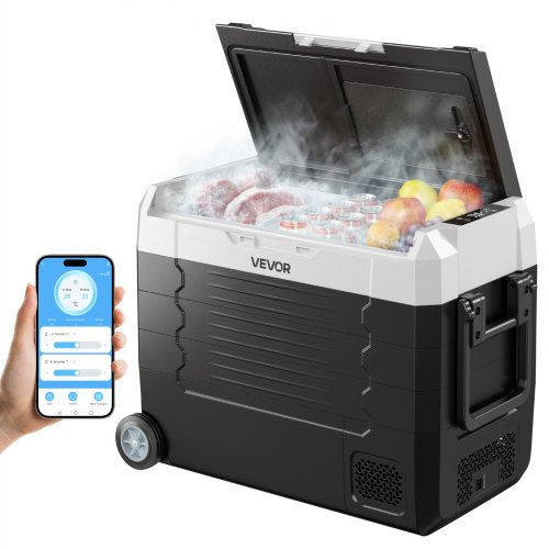 VEVOR Car Refrigerator, DC 12/24V AC100-240V Compressor Electric Cooler,-20°C to 20°C Truck Refrigerator with APP Control, Wheels & Dual Zone, 45L Cars Cooler for RVs, Boats, Camping, Fishing