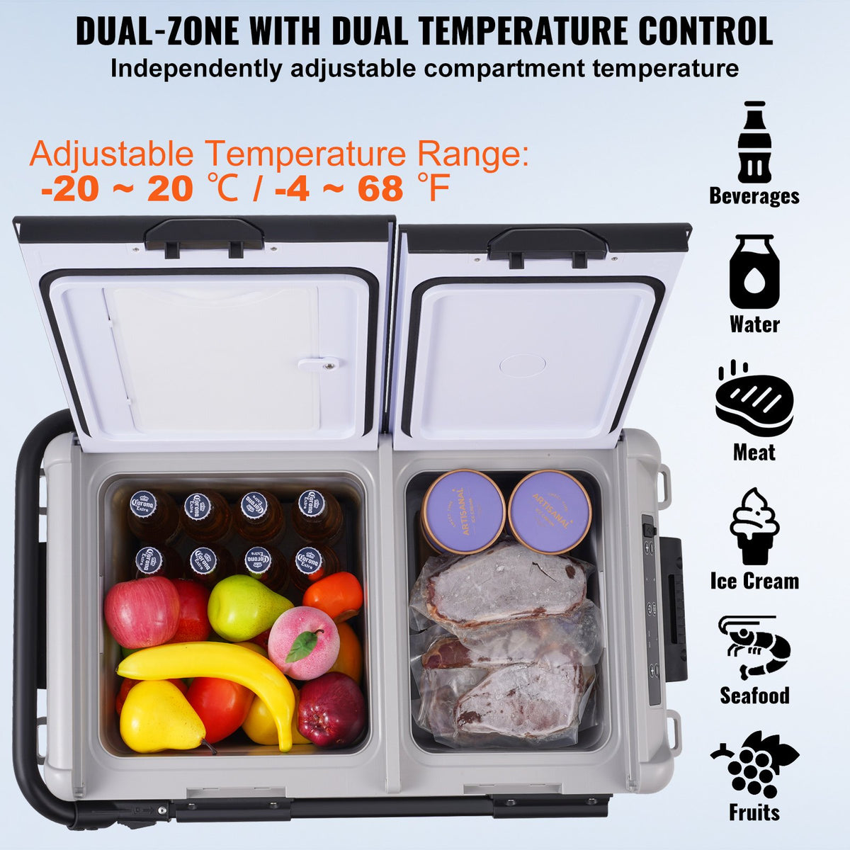 VEVOR Portable Car Refrigerator, 12 Volt Car Refrigerator Fridge, 50 L / 52.8 QT Dual Zone Portable Freezer, -4℉-68℉ Adjustable Temperature, Compressor Cooler for Home, Outdoor, Camping, RV, Car