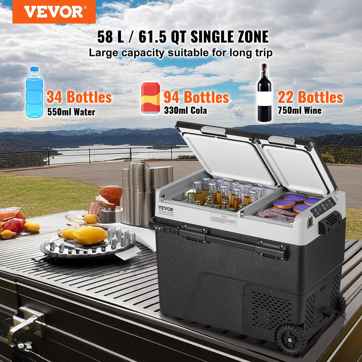 VEVOR Portable Car Refrigerator, 12 Volt Car Refrigerator Fridge, 58 L / 61.5 QT Dual Zone Portable Freezer, -4℉-68℉ Adjustable Temperature, Compressor Cooler for Home, Outdoor, Camping, RV, Car