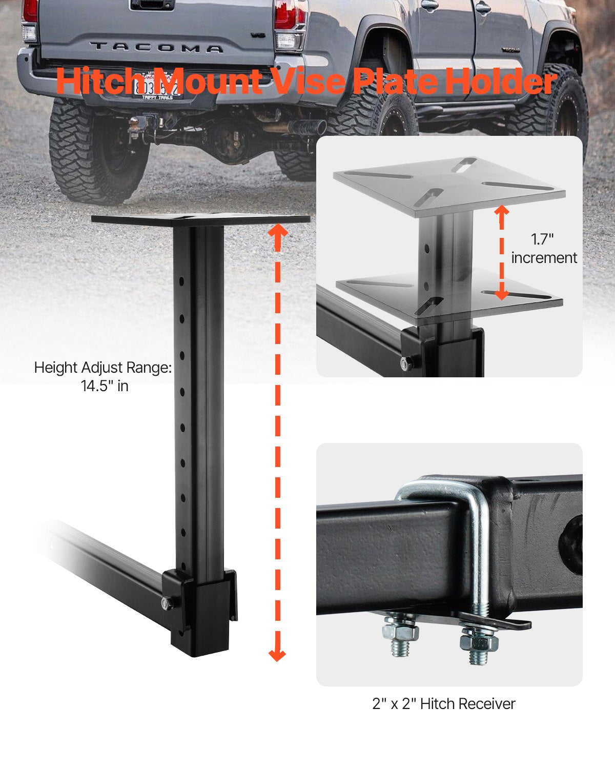 VEVOR Heavy-Duty Pipe Chain Vise, 1/8" - 5" Pipe Capacity, 26" Rugged Chain & Cast Iron Base, Hitch Mount Vise Plate Holder With Adjustable Height - Fits 2 inch x 2 inch Receiver