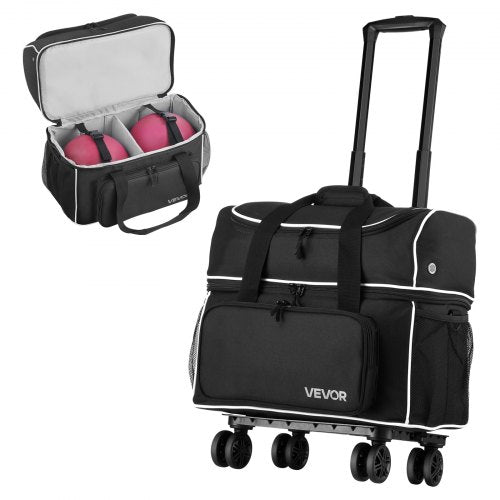 VEVOR Bowling Ball Bag, 2 Ball Four Roller Bowling Bag with Wheels, Featuring a Separate Compartment for Shoes (Up To US Size 16) & Oversized Accessory Pocket, Retractable Handle Extends to 950 mm