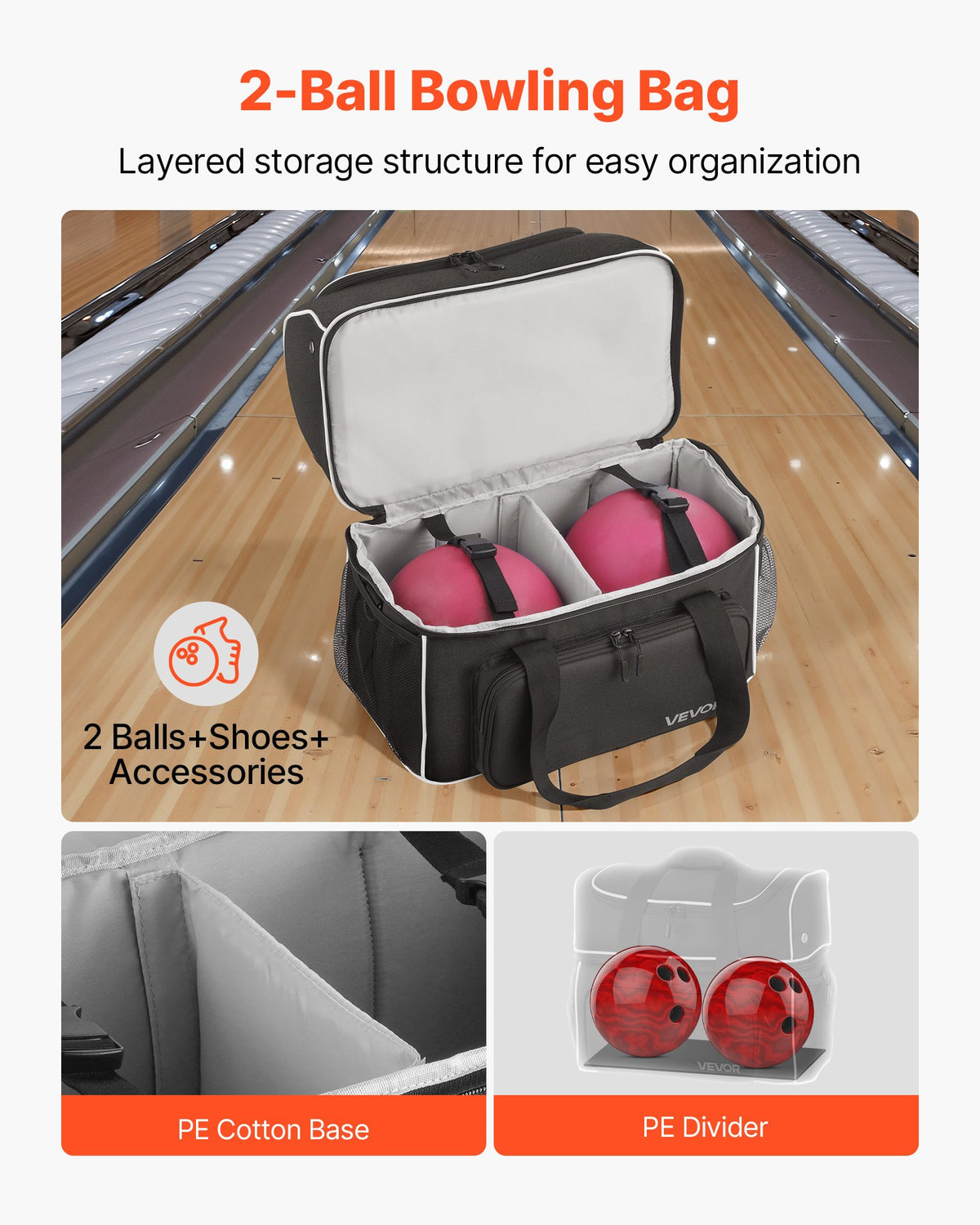VEVOR Bowling Ball Bag, 2 Ball Four Roller Bowling Bag with Wheels, Featuring a Separate Compartment for Shoes (Up To US Size 16) & Oversized Accessory Pocket, Retractable Handle Extends to 950 mm