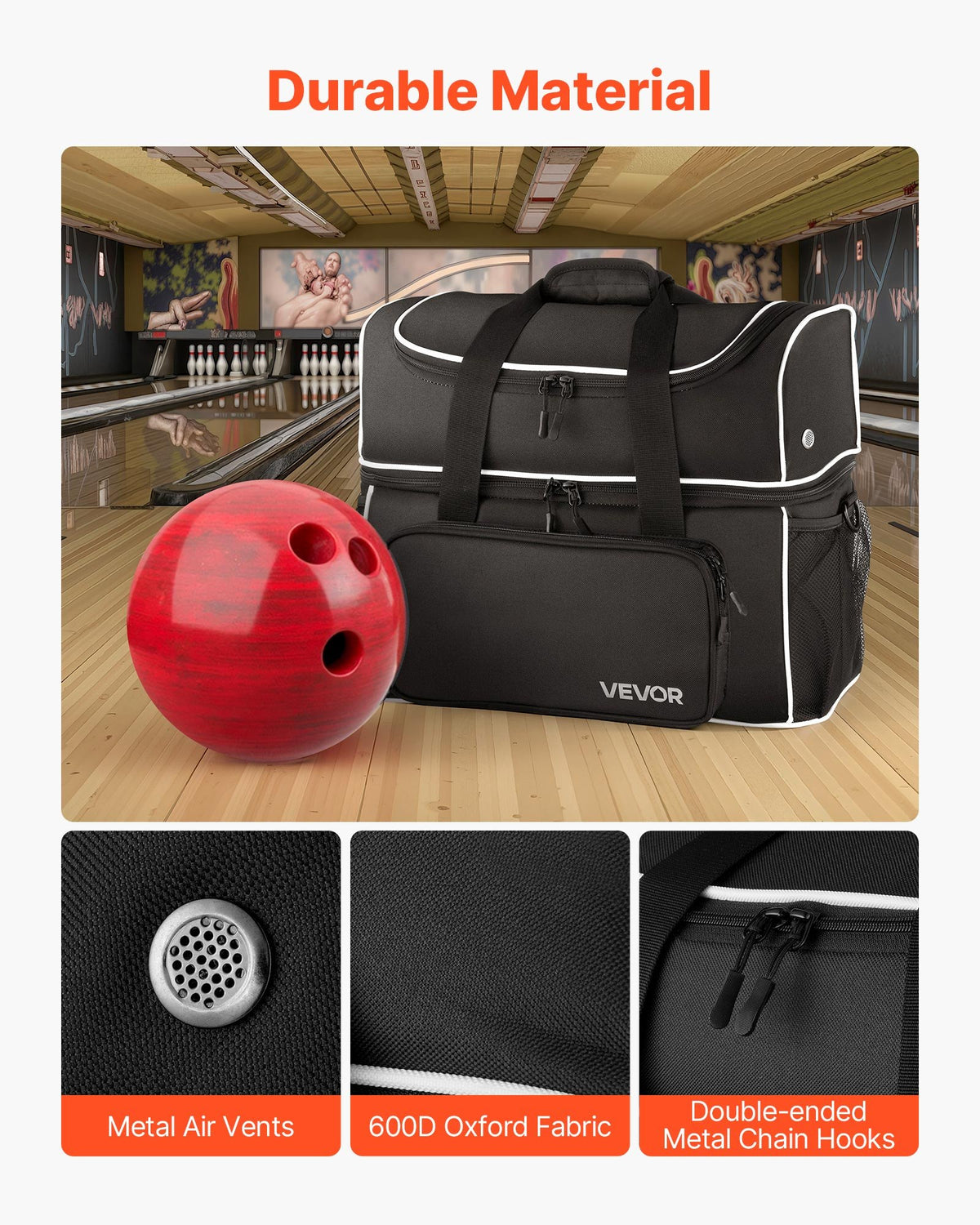 VEVOR Bowling Ball Bag, 2 Ball Four Roller Bowling Bag with Wheels, Featuring a Separate Compartment for Shoes (Up To US Size 16) & Oversized Accessory Pocket, Retractable Handle Extends to 950 mm