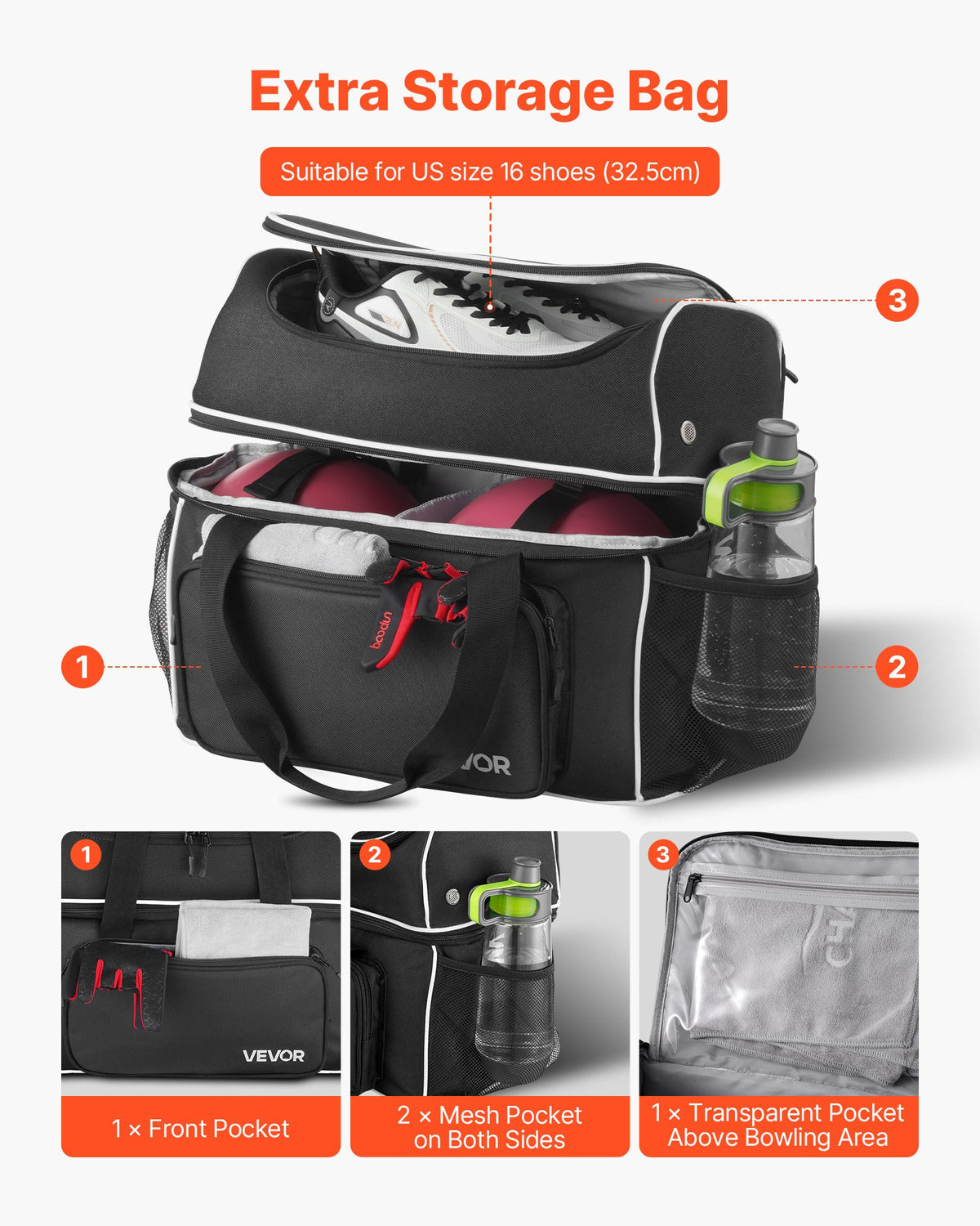 VEVOR Bowling Ball Bag, 2 Ball Four Roller Bowling Bag with Wheels, Featuring a Separate Compartment for Shoes (Up To US Size 16) & Oversized Accessory Pocket, Retractable Handle Extends to 950 mm