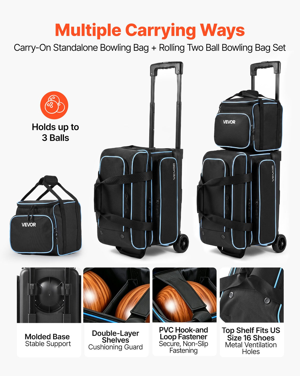 VEVOR 3 Ball Bowling Bag Double Roller Bag with Separate Shoe Compartment, for Bowling Shoes (Up To US Men Size 16), Rolling Ball Bag w/ Wheel, Accessory Pocket, Retractable Handle Extends to 40 in