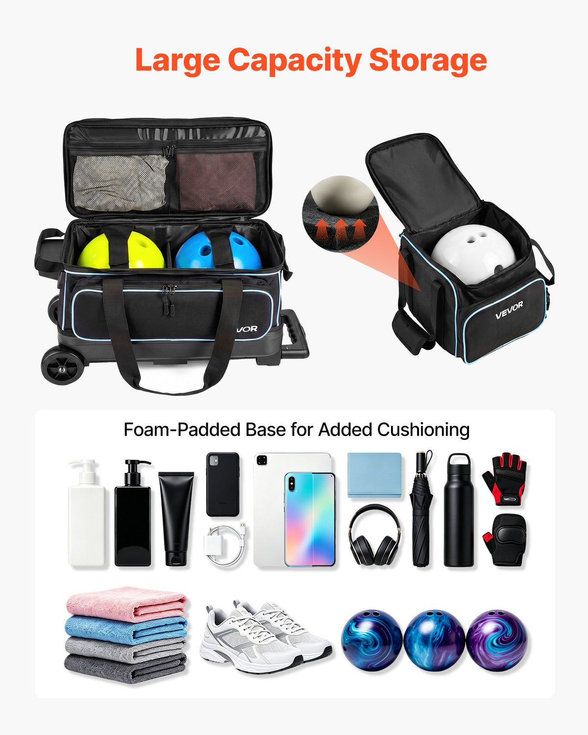 VEVOR 3 Ball Bowling Bag Double Roller Bag with Separate Shoe Compartment, for Bowling Shoes (Up To US Men Size 16), Rolling Ball Bag w/ Wheel, Accessory Pocket, Retractable Handle Extends to 40 in