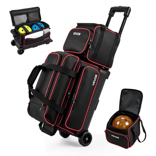 VEVOR 3 Ball Bowling Bag Double Roller Bag with Separate Shoe Compartment, for Bowling Shoes (Up To US Men Size 16), Rolling Ball Bag w/ Wheel, Accessory Pocket, Retractable Handle Extends to 40 in
