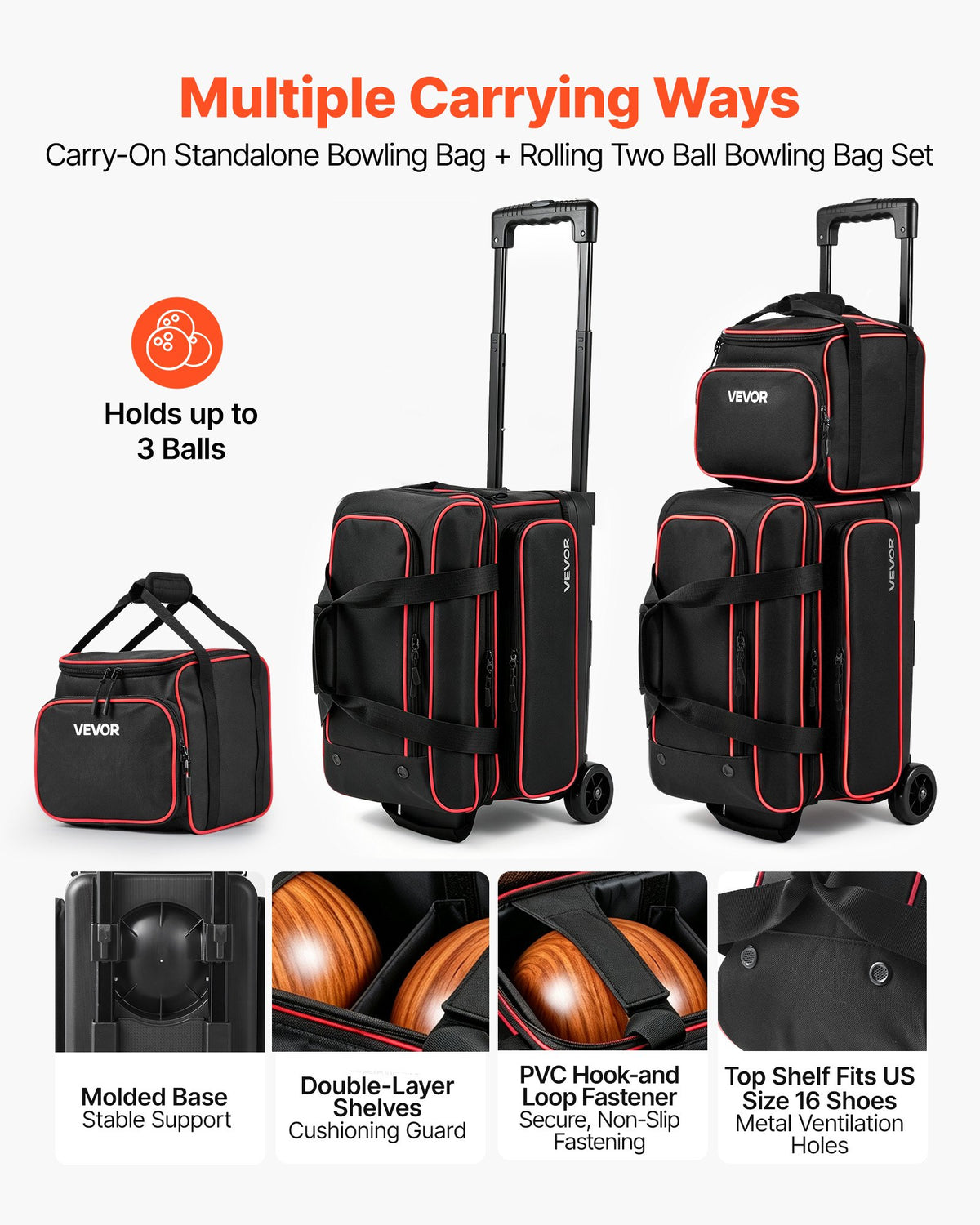 VEVOR 3 Ball Bowling Bag Double Roller Bag with Separate Shoe Compartment, for Bowling Shoes (Up To US Men Size 16), Rolling Ball Bag w/ Wheel, Accessory Pocket, Retractable Handle Extends to 40 in