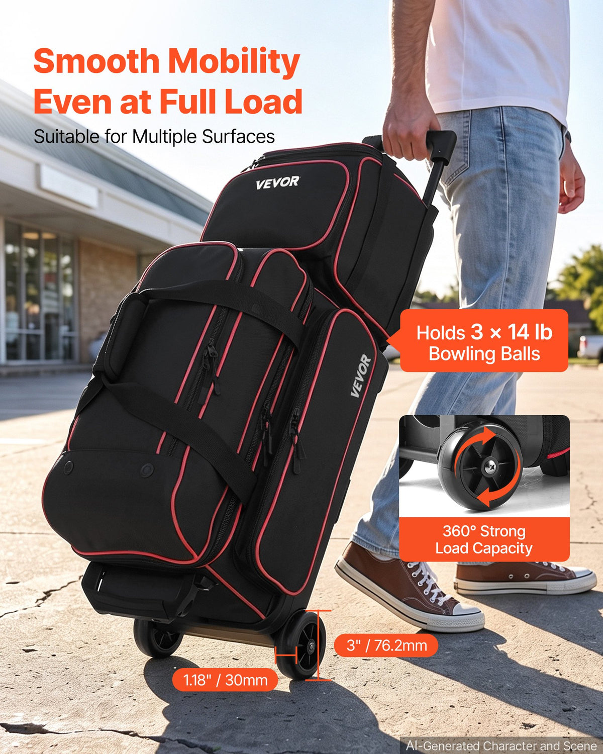VEVOR 3 Ball Bowling Bag Double Roller Bag with Separate Shoe Compartment, for Bowling Shoes (Up To US Men Size 16), Rolling Ball Bag w/ Wheel, Accessory Pocket, Retractable Handle Extends to 40 in