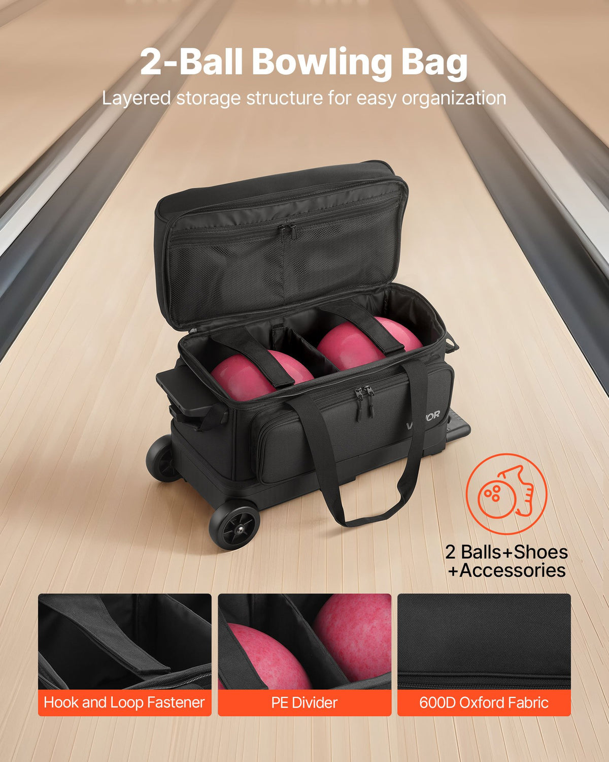 VEVOR Bowling Ball Bag, 2 Ball Double Roller Bowling Bag with Wheels, Featuring a Separate Compartment for Shoes (Up To US Size 16) & Oversized Accessory Pocket, Retractable Handle Extends to 1050 mm