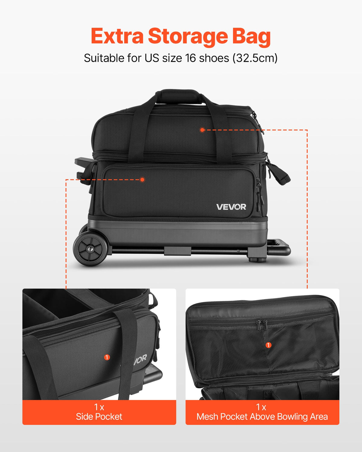 VEVOR Bowling Ball Bag, 2 Ball Double Roller Bowling Bag with Wheels, Featuring a Separate Compartment for Shoes (Up To US Size 16) & Oversized Accessory Pocket, Retractable Handle Extends to 1050 mm