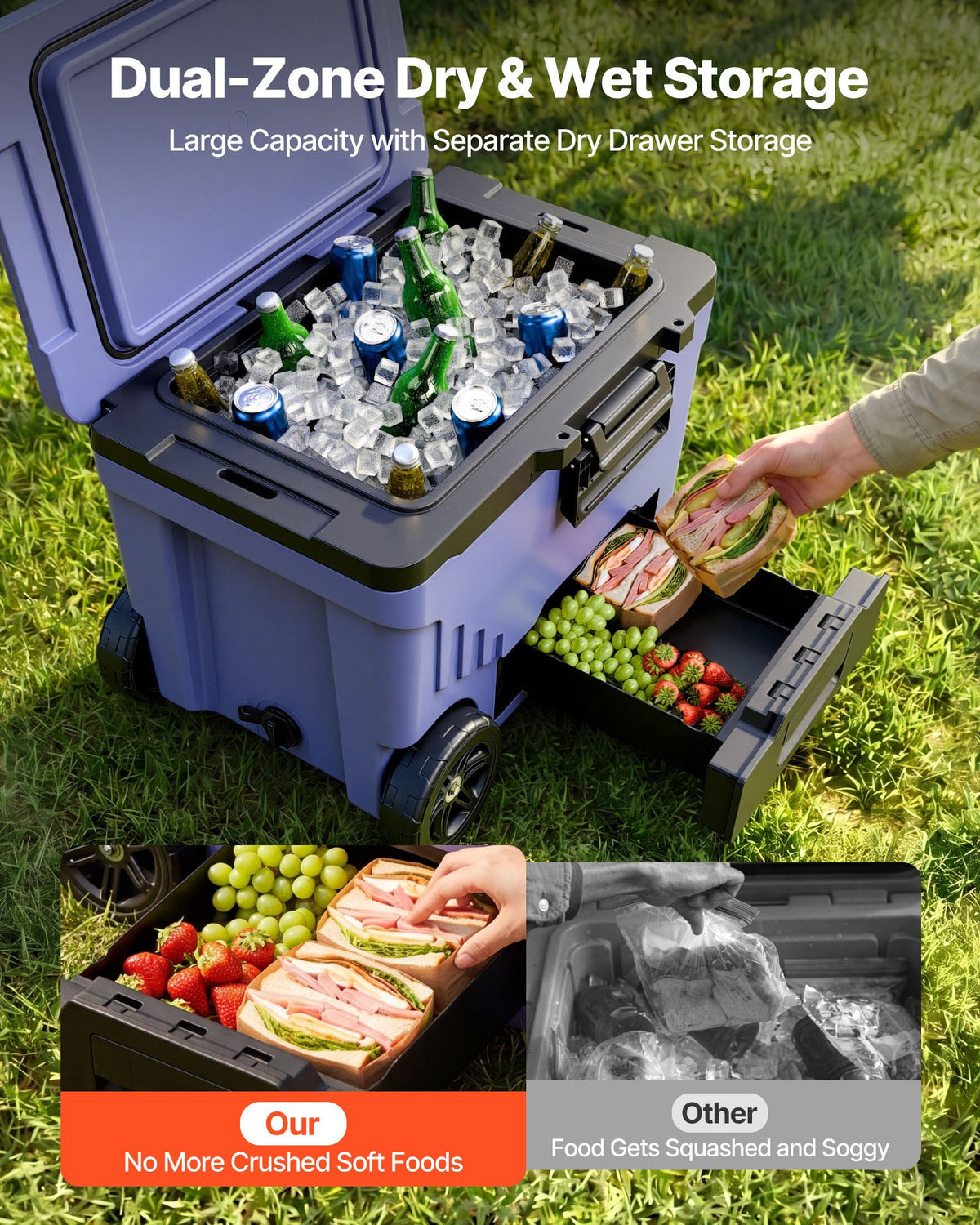 VEVOR Hard Cooler, 42.6 L Portable Rolling Cooler with Wheels, Leak-Resistant Coolbox Keeps Contents Cool for 48 Hours, Ice Retention Insulated Chests, Ultra-Light for Outdoor Picnics, Grill, Camping