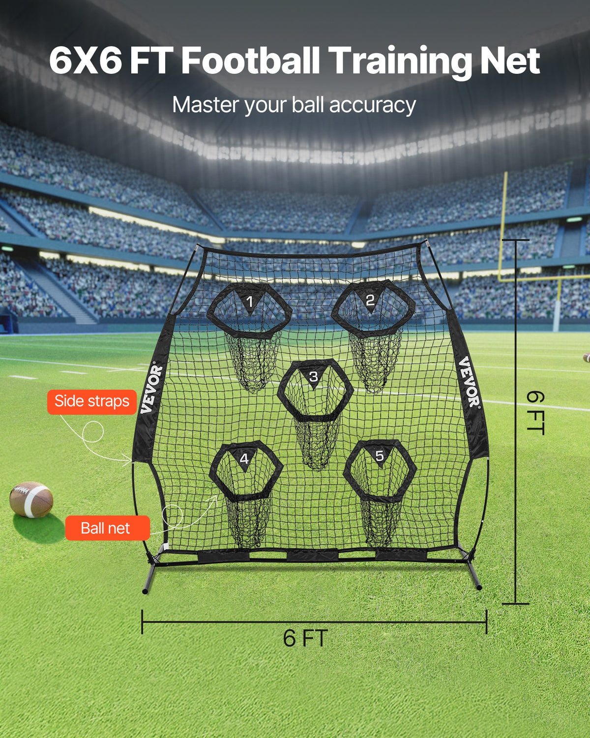 VEVOR 1828.8x1828.8mm Football Trainer Throwing Net, Training Throwing Target Practice Net with 5 Target Pockets, Knotless Net Includes Straps and Portable Carry Case, Improve QB Throwing Accuracy