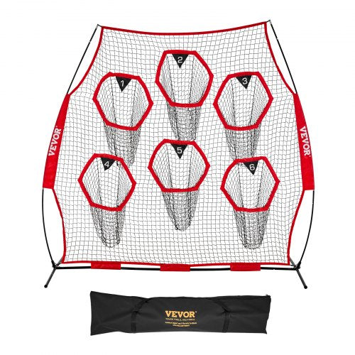 VEVOR 2438.4x2438.4mm Football Trainer Throwing Net, Training Throwing Target Practice Net with 6 Target Pockets, Knotless Net Includes Straps and Portable Carry Case, Improve QB Throwing Accuracy,Red