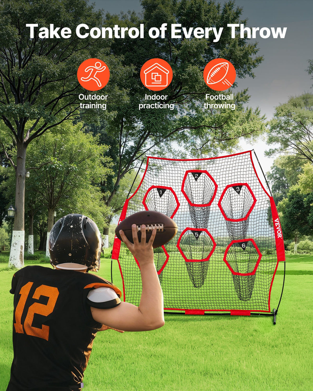 VEVOR 2438.4x2438.4mm Football Trainer Throwing Net, Training Throwing Target Practice Net with 6 Target Pockets, Knotless Net Includes Straps and Portable Carry Case, Improve QB Throwing Accuracy,Red