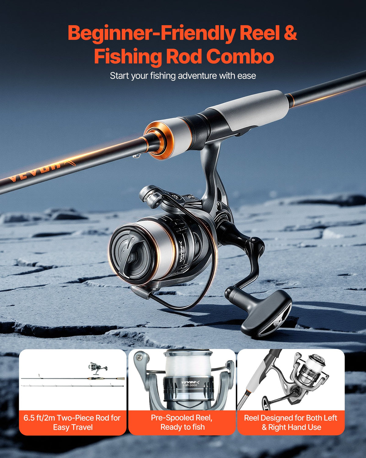 VEVOR Rod and Fishing Reel Combo, IM6 Carbon Fiber Spinning Rod and Reel Combo, Bass Fishing Pole with 2m Two-Piece Rods, 7+1 Ball Bearings, EVA Handle, Stainless Steel Guides with Ceramic Rings