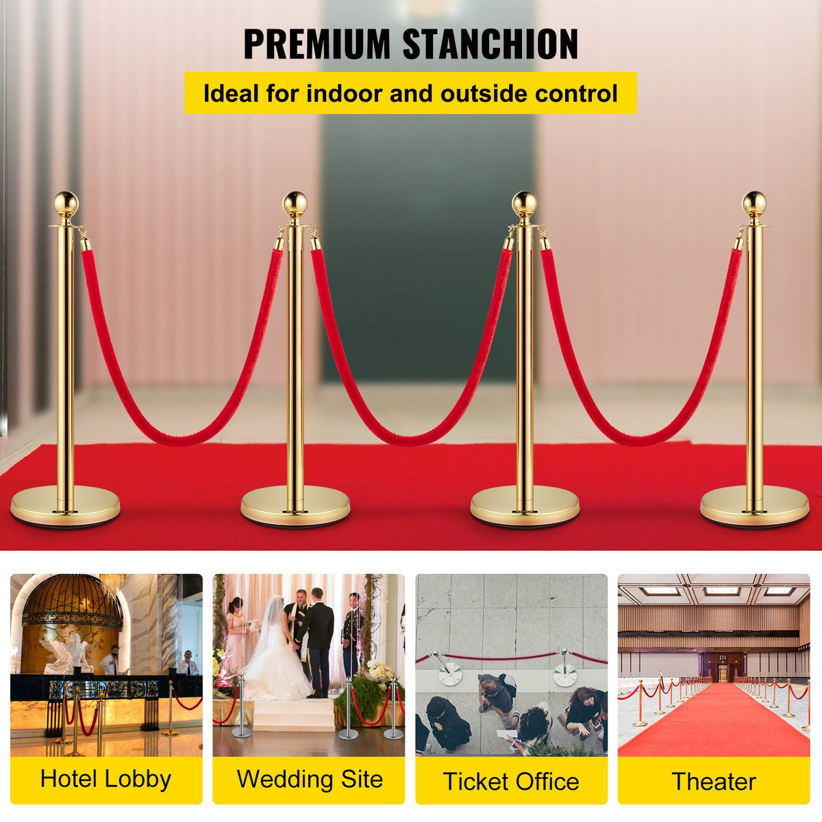 VEVOR Set of 2 Gold Round Top Queue Control Barrier Posts Stands Security Stanchion Rope Divider Stainless Steel with 1.5M Red 3 Velvet Rope 4 Pack
