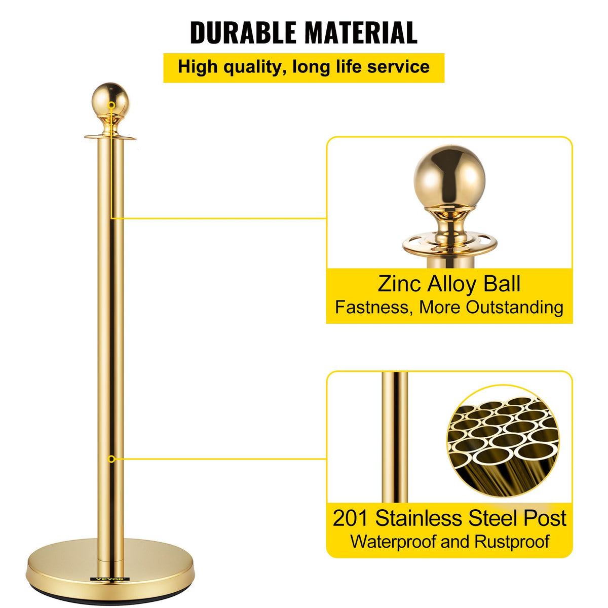 VEVOR Crowd Control Stanchion, Set of 8 Pieces Stanchion Set, Stanchion Set with 5 ft/1.5 m Red Velvet Rope, Gold Crowd Control Barrier with Sturdy Concrete and Metal Base – Easy Connect Assembly