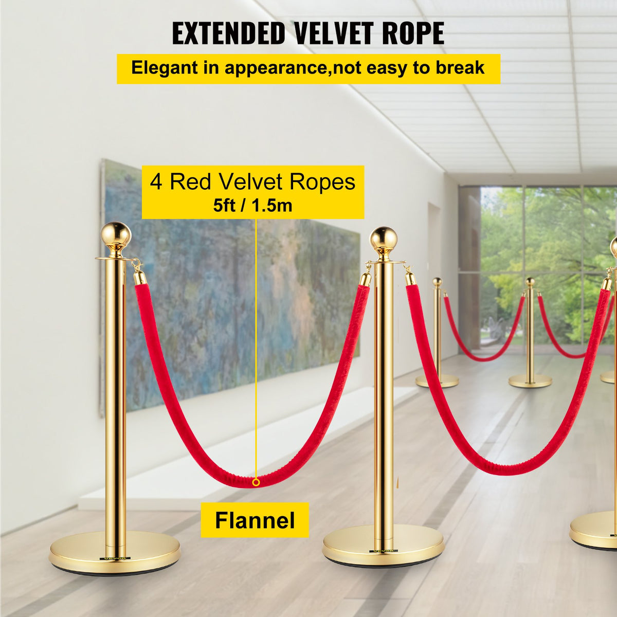 VEVOR Crowd Control Stanchion, Set of 8 Pieces Stanchion Set, Stanchion Set with 5 ft/1.5 m Red Velvet Rope, Gold Crowd Control Barrier with Sturdy Concrete and Metal Base – Easy Connect Assembly