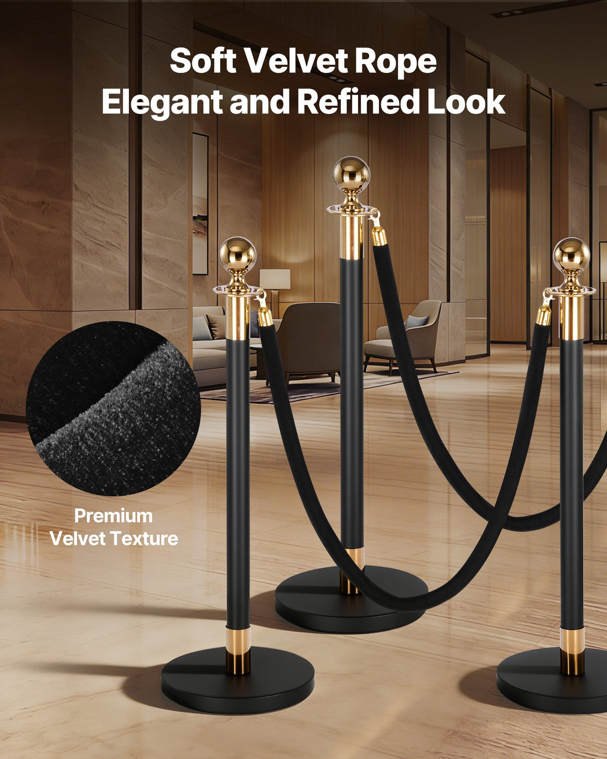 VEVOR 4 Pcs Black Velvet Stanchion Ropes, 1.5 m Crowd Control Stanchion Black Velvet Ropes with Gold Hooks, Post Queue Barrier Carpet Rope for Carpet Events Movie Theaters Grand Openings Hotels Party