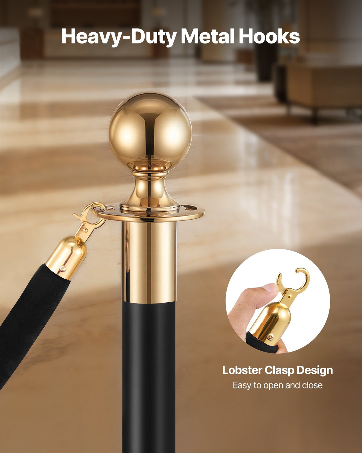 VEVOR 4 Pcs Black Velvet Stanchion Ropes, 1.5 m Crowd Control Stanchion Black Velvet Ropes with Gold Hooks, Post Queue Barrier Carpet Rope for Carpet Events Movie Theaters Grand Openings Hotels Party
