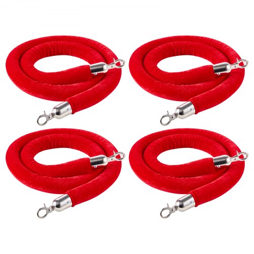VEVOR 4 Pcs Red Velvet Stanchion Ropes, 1.5 m Crowd Control Stanchion Red Velvet Ropes with Silver Hooks, Post Queue Barrier Carpet Rope for Carpet Events Movie Theaters Grand Openings Hotels Party