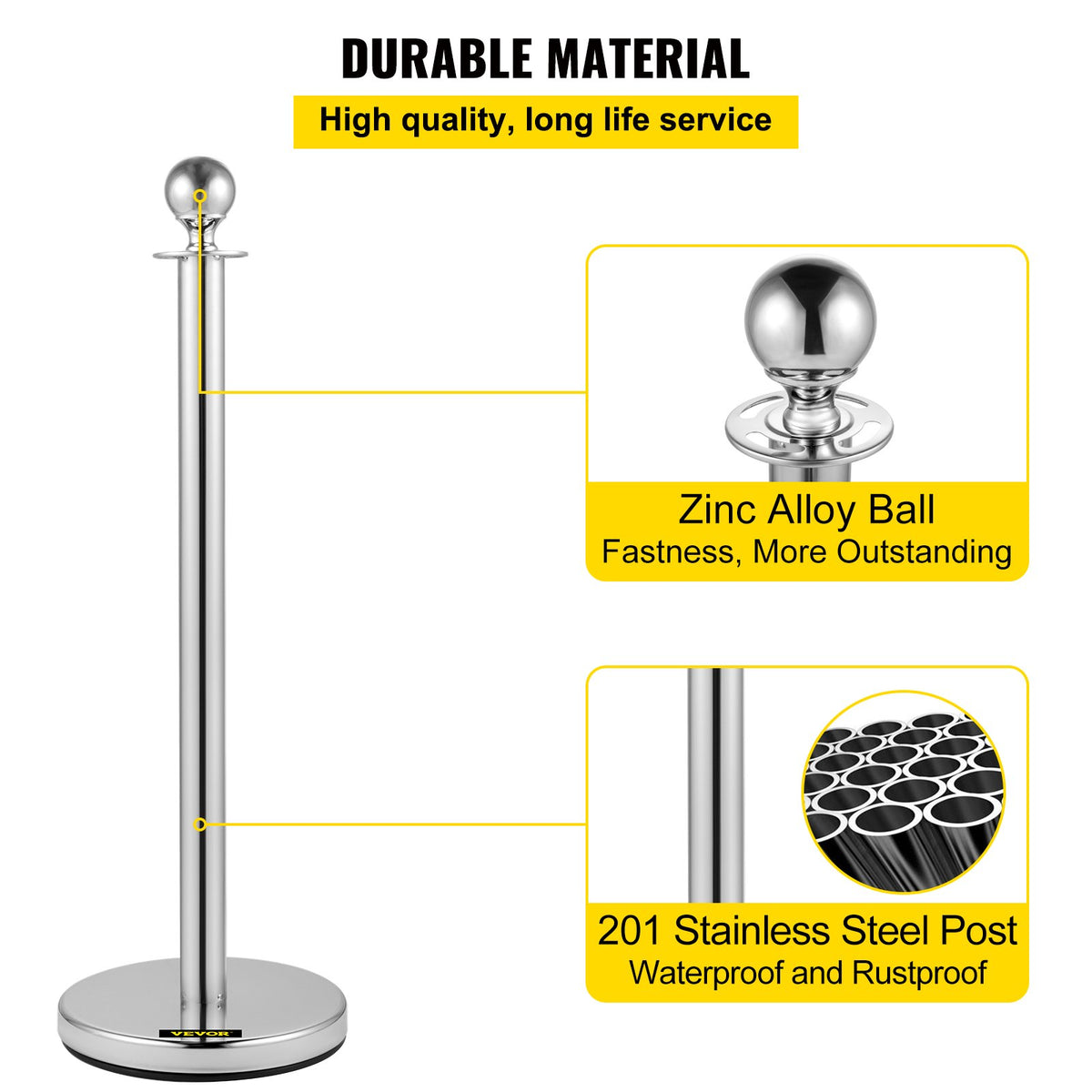 VEVOR Retractable Silver Round Top Queue Control Barrier Posts Stands Security Stanchion Rope Divider with 1.5M Red Rope Crowd Control Barrier Silver Round top Column