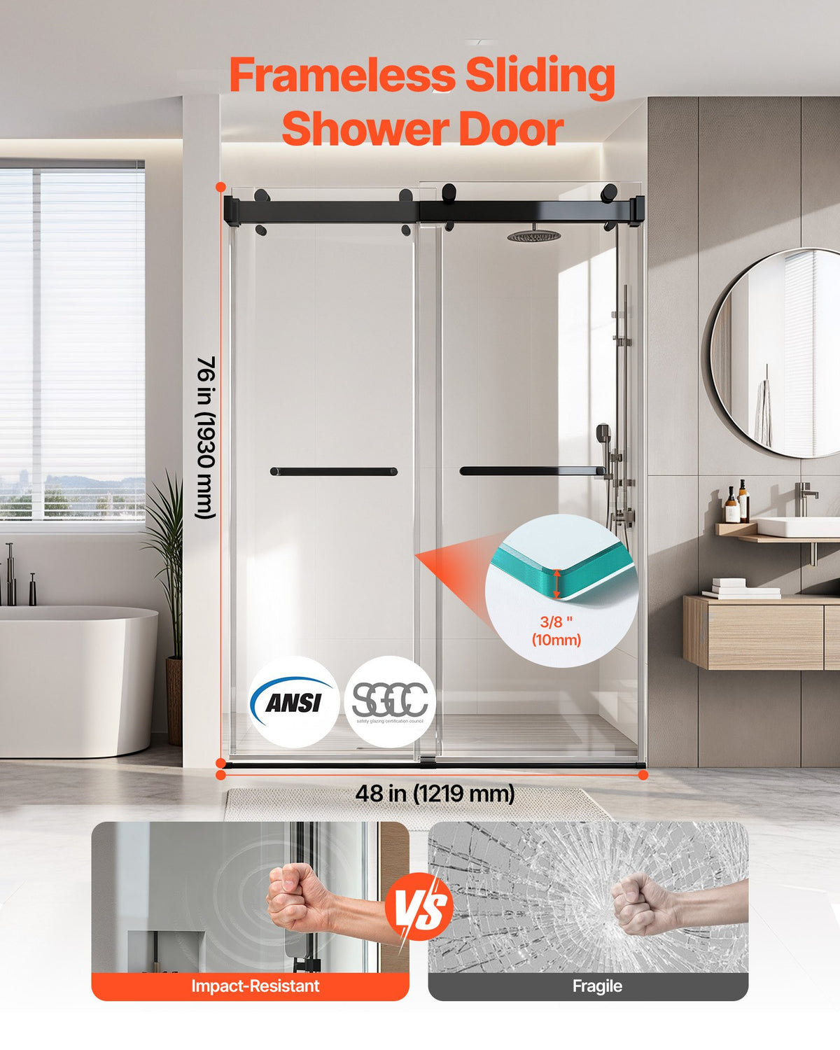 VEVOR Frameless Shower Door, 1219 mm W x 1930mm H, Shower Sliding Glass Door with 10 mm Thick Clear Tempered Glass, Noiseless Shatterproof Nano Coating, with Rail, Seal Strip and Hardware Kit