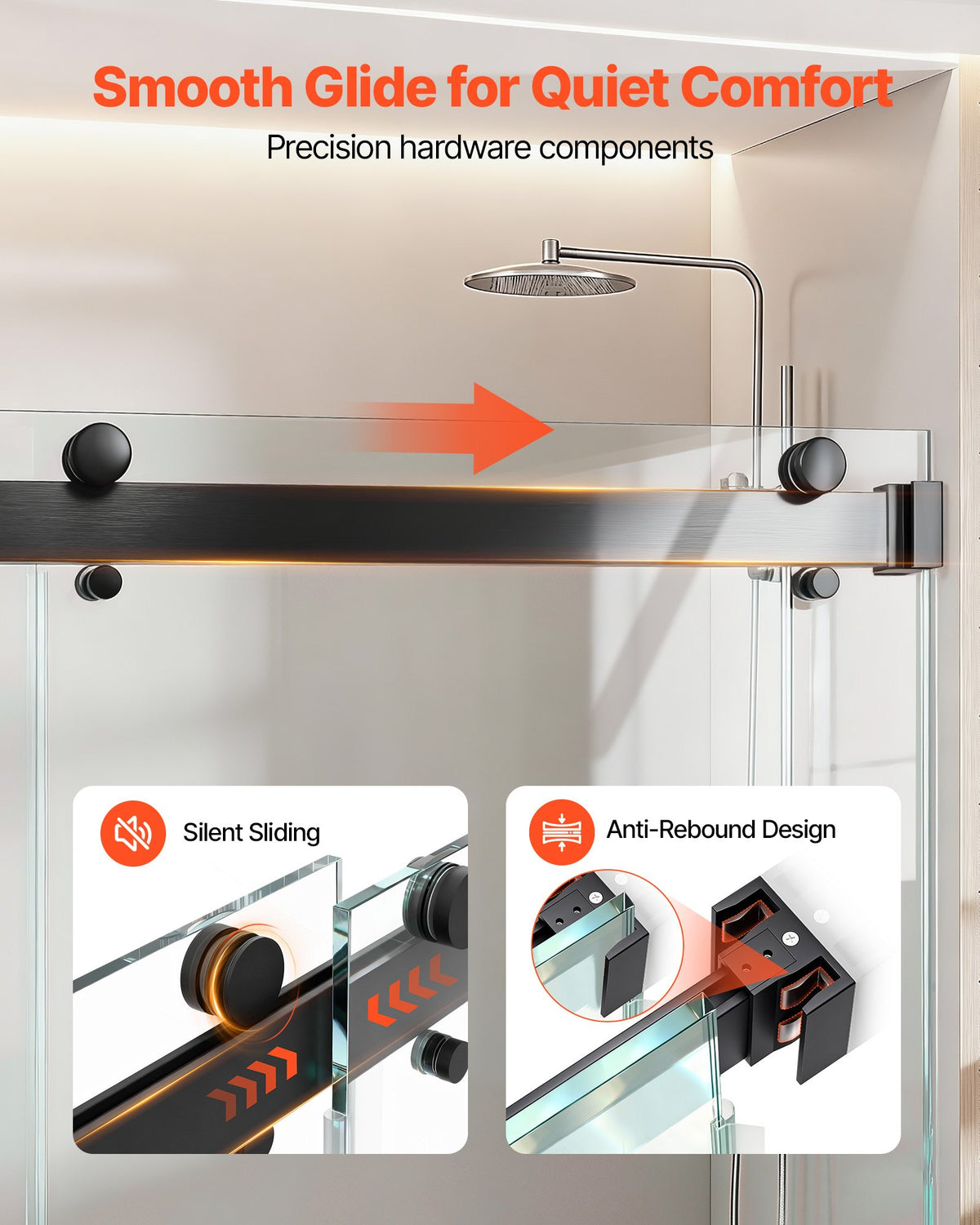 VEVOR Frameless Shower Door, 1219 mm W x 1930mm H, Shower Sliding Glass Door with 10 mm Thick Clear Tempered Glass, Noiseless Shatterproof Nano Coating, with Rail, Seal Strip and Hardware Kit