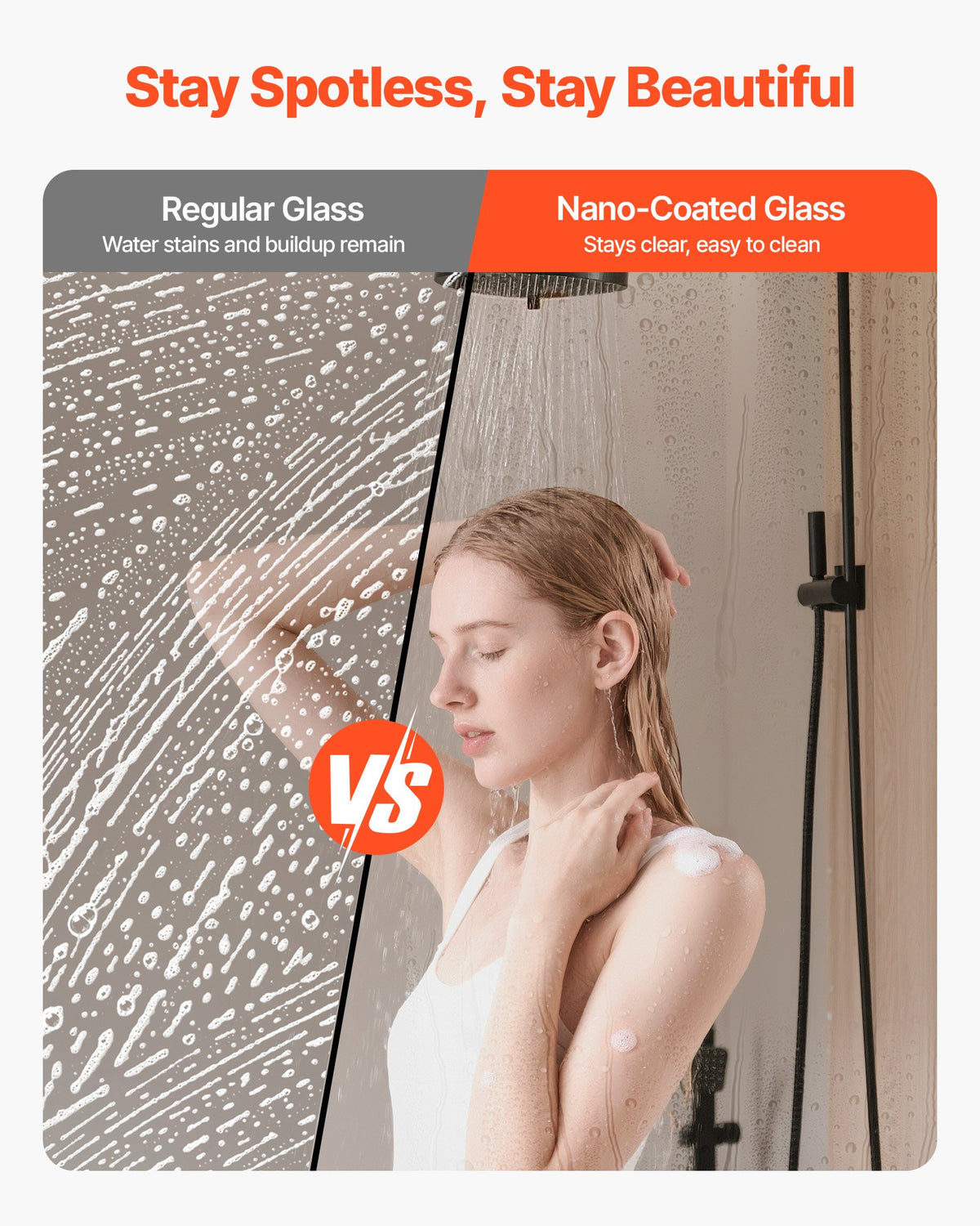 VEVOR Frameless Shower Door, 1219 mm W x 1930mm H, Shower Sliding Glass Door with 10 mm Thick Clear Tempered Glass, Noiseless Shatterproof Nano Coating, with Rail, Seal Strip and Hardware Kit