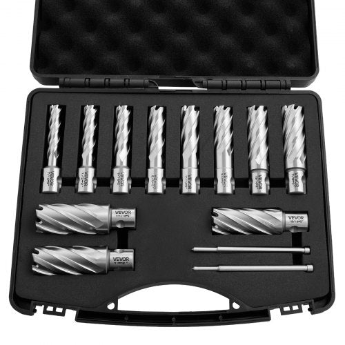 VEVOR Annular Cutter Set, 13 pcs Universal Shank Mag Drill Bits Kit, 50.8 mm Cutting Depth, 11.11 mm to 26.98 mm Cutting Diameter, HSS, 11 Drill Bits, 2 Pilot Pins, Plastic Case, for Magnetic Drills