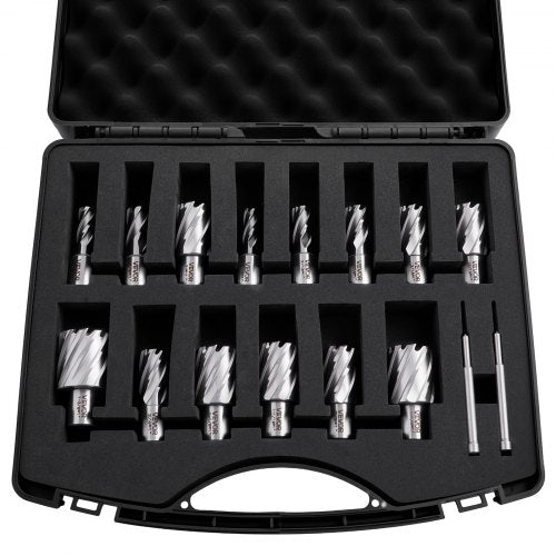 VEVOR Annular Cutter Set, 16 pcs Weldon Shank Mag Drill Bits Kit, 25.4 mm Cutting Depth, 11.11 mm to 34.92 mm Cutting Diameter, HSS, 14 Drill Bits with 2 Pilot Pins, Plastic Case, for Magnetic Drills